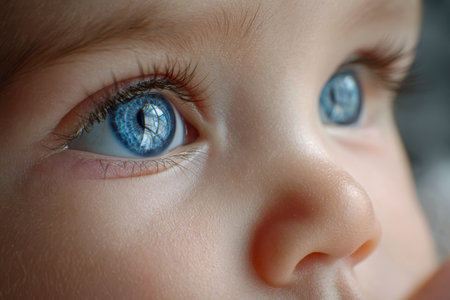A young child's striking blue eyes display vibrant colors and reflections, conveying curiosity and wonder.の写真素材
