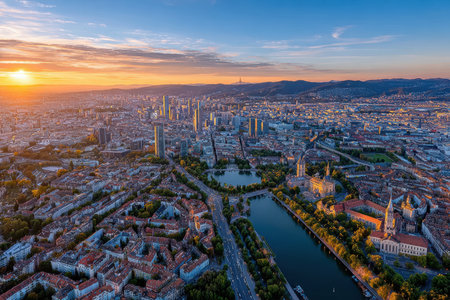 Aerial cityscape at sunset, featuring river, buildings, and distant mountainsの写真素材