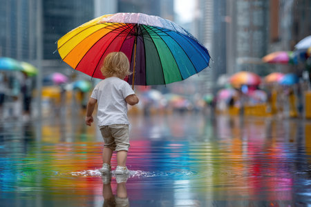 Young child steps through puddles, holding a vibrant umbrella in a lively urban setting under rainfall.の写真素材