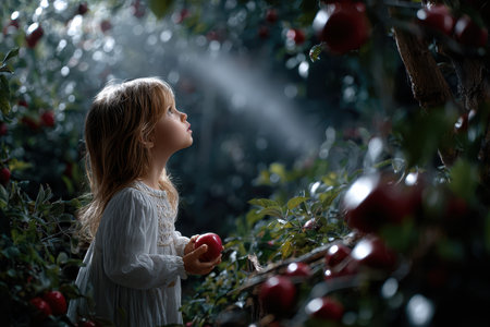 Young child admires ripening apples while holding one, surrounded by lush greenery in an orchard.の写真素材