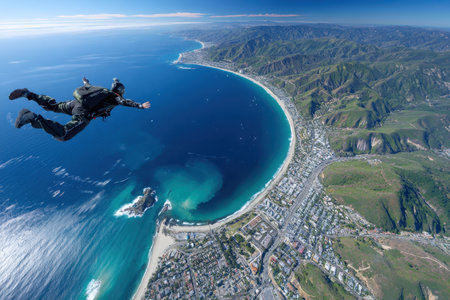 A skydiver enjoys a thrilling free fall above a picturesque coastal landscape at an incredible height.の写真素材