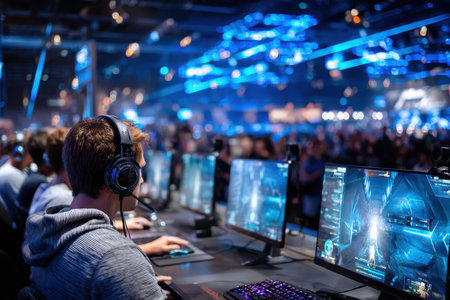Competitors engage in intense gameplay at a vibrant esports tournament with a bustling audience in the background.の写真素材