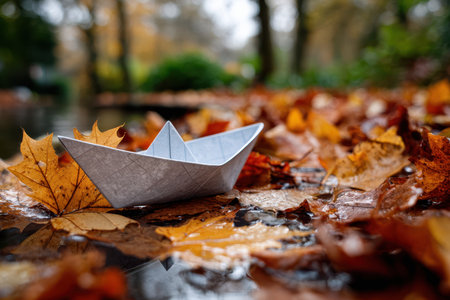 A delicate paper boat rests on colorful autumn leaves in a peaceful park, capturing the essence of fall.の写真素材