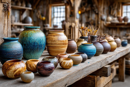 Various ceramic pots and vases displayed on a wooden table in a pottery workshopの写真素材