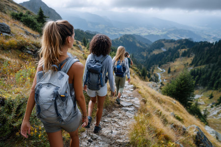Friends hike along a rocky path surrounded by hills and valleys under an overcast sky, enjoying nature.の写真素材