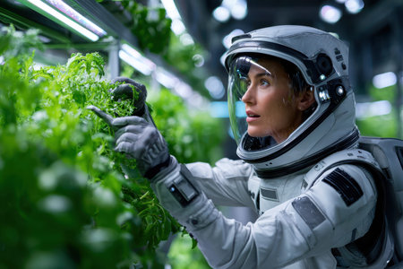 In a futuristic greenhouse, an astronaut inspects vibrant green plants, highlighting advances in space agriculture.の写真素材