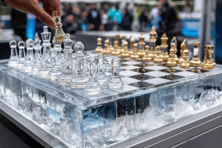 Players engage in a strategic chess match using striking glass and gold pieces set on ice under clear skies.の写真素材