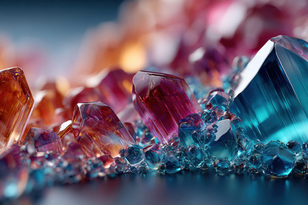 Colorful crystals sparkle and shine on a dark surfaceの写真素材