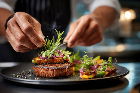 A chef garnishes a perfectly cooked steak with fresh herbs and vibrant vegetables, displaying culinary artistry.の写真素材