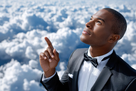 A man dressed in a tuxedo points upward, looking thoughtfully at the bright sky filled with clouds.の写真素材