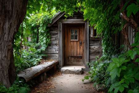 A rustic wooden cabin nestled among lush green foliage in a tranquil settingの写真素材