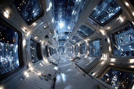 A lone astronaut walks down a futuristic space station corridorの写真素材