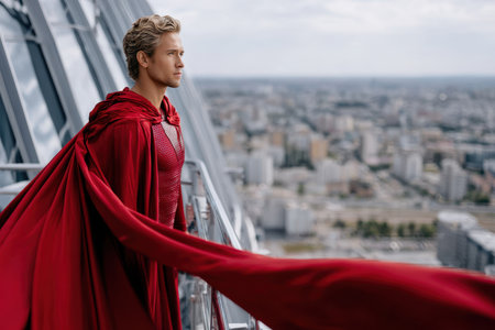 A figure dressed as a superhero stands on a balcony, overlooking a vast urban landscape on a cloudy day.の写真素材