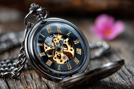 A detailed, close-up shot of a vintage pocket watch, photographed against a rustic wooden background, expressing timelessness and craftsmanship, with a single, unexpected flower petal caught in the gearsの写真素材