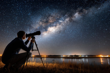 A person uses a telescope to photograph the Milky Way over a lake at nightの写真素材