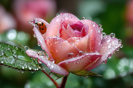 A macro shot of a dew-kissed rose, illuminated by soft morning light, with a ladybug unexpectedly in the frameの写真素材