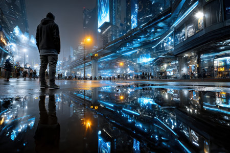 A person stands in front of a puddle reflecting the neon lights of a futuristic city at nightの写真素材