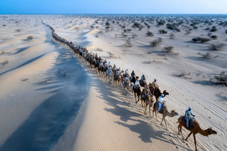 A caravan of camels and riders traverses a vast desert landscapeの写真素材