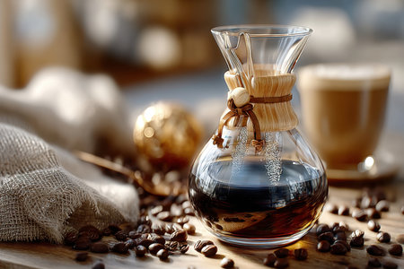 A glass pour over coffee maker sits on a wooden table with coffee beans and a latteの写真素材