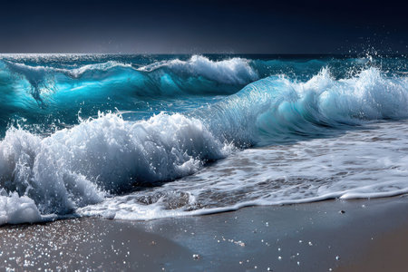 Turquoise ocean waves crash on a sandy beach at nightの写真素材