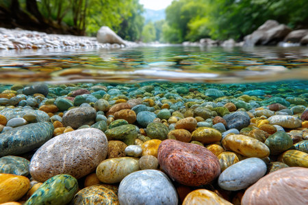 Colorful stones on a riverbed seen through crystal clear waterの写真素材
