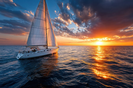 A sailboat glides across a calm ocean during a vibrant sunsetの写真素材
