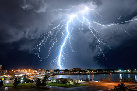 Lightning illuminates a city at night, reflecting in the riverの写真素材