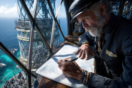 A dedicated lighthouse keeper draws precise nautical sketches from an elevated glass room overlooking the sea.の写真素材