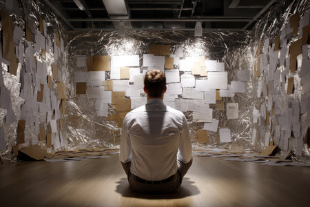 Person sits on floor, surrounded by scattered papers and shiny walls, contemplating their thoughts deeply.の写真素材