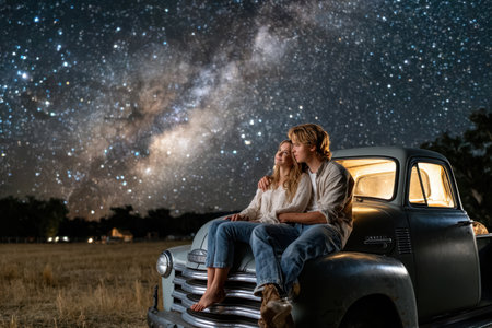 Two people sit on a vintage truck under a sky filled with stars and the Milky Way, enjoying a quiet moment.の写真素材