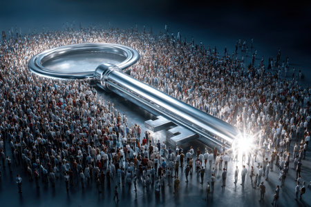 A colossal magnifying glass towers above a vast crowd of individuals in a dark, futuristic environment.の写真素材