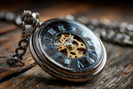 A silver pocket watch with visible internal gears rests on a rustic wooden surface, its chain draped alongside The watch face features Roman numerals and intricate mechanical detailsの写真素材