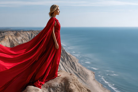A woman wearing a vibrant red dress poses confidently on a cliff edge, gazing at the expansive ocean view.の写真素材