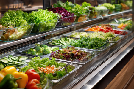 A vibrant selection of fresh vegetables and greens displayed at a salad bar invites healthy choices for diners.の写真素材
