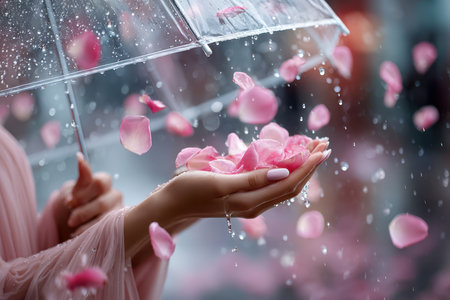 Raindrops cascade down an umbrella while pink petals gently fall into a person's open hand.の写真素材