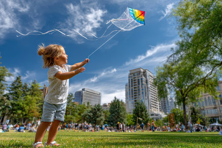 A joyful child runs in a park, proudly flying a vibrant kite against a clear blue sky with scattered clouds.の写真素材