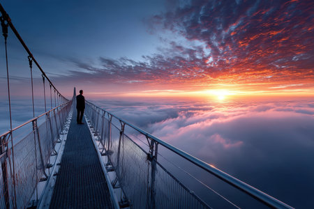 A person stands at the edge, watching the vibrant sunset illuminate the sky and clouds.の写真素材