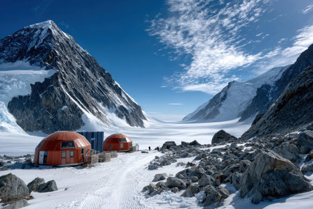 Two orange domes stand in a vast glacial valley surrounded by towering snow-covered mountains under a clear blue sky.の写真素材