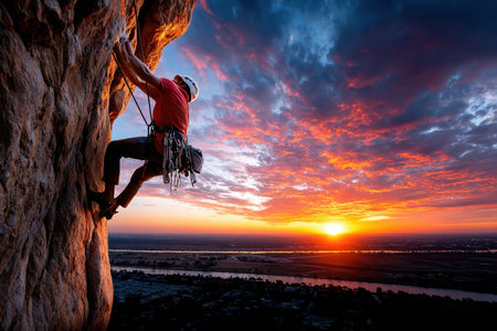 A climber ascends a cliff face during a vibrant sunset over a valleyの写真素材