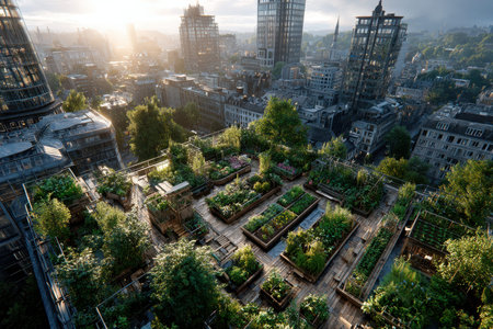 Lush green rooftop garden in a modern city with skyscrapersの写真素材