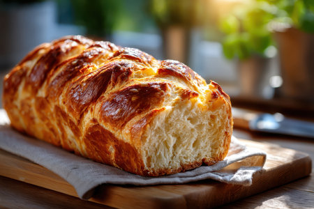 A loaf of brioche bread leftovers on a wooden cutting boardの写真素材