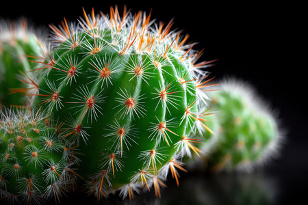 Closeup of a small, spiky green cactus against a black backgroundの写真素材
