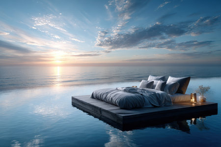 A cozy bed floats on tranquil water, surrounded by soft lighting and a stunning sunset sky.の写真素材
