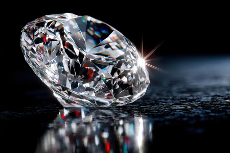 A large, sparkling diamond rests on a dark, reflective surfaceの写真素材