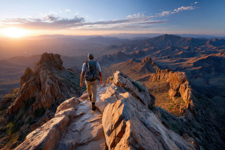 A hiker with a backpack walks along a rocky ridge at sunrise in a desert mountain rangeの写真素材