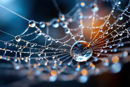 A detailed macro shot of a spiderweb covered in glistening dewdropsの写真素材
