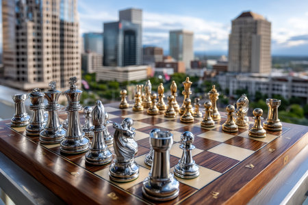 Players engage in a strategic chess match on a rooftop with a vibrant city skyline background at sunset.の写真素材