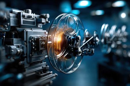 A film reel spins within a vintage projector, illuminating a dark room with soft light, creating a nostalgic atmosphere.の写真素材