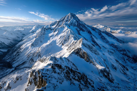 Aerial view of snowcapped mountains under a bright blue skyの写真素材