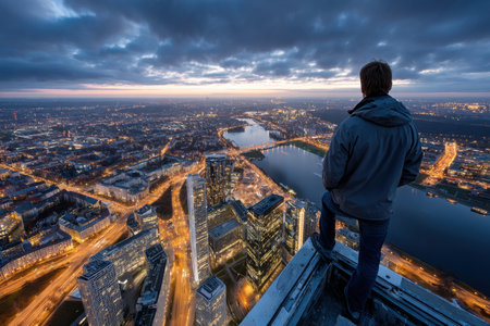 A man stands on a high rooftop overlooking a city at duskの写真素材